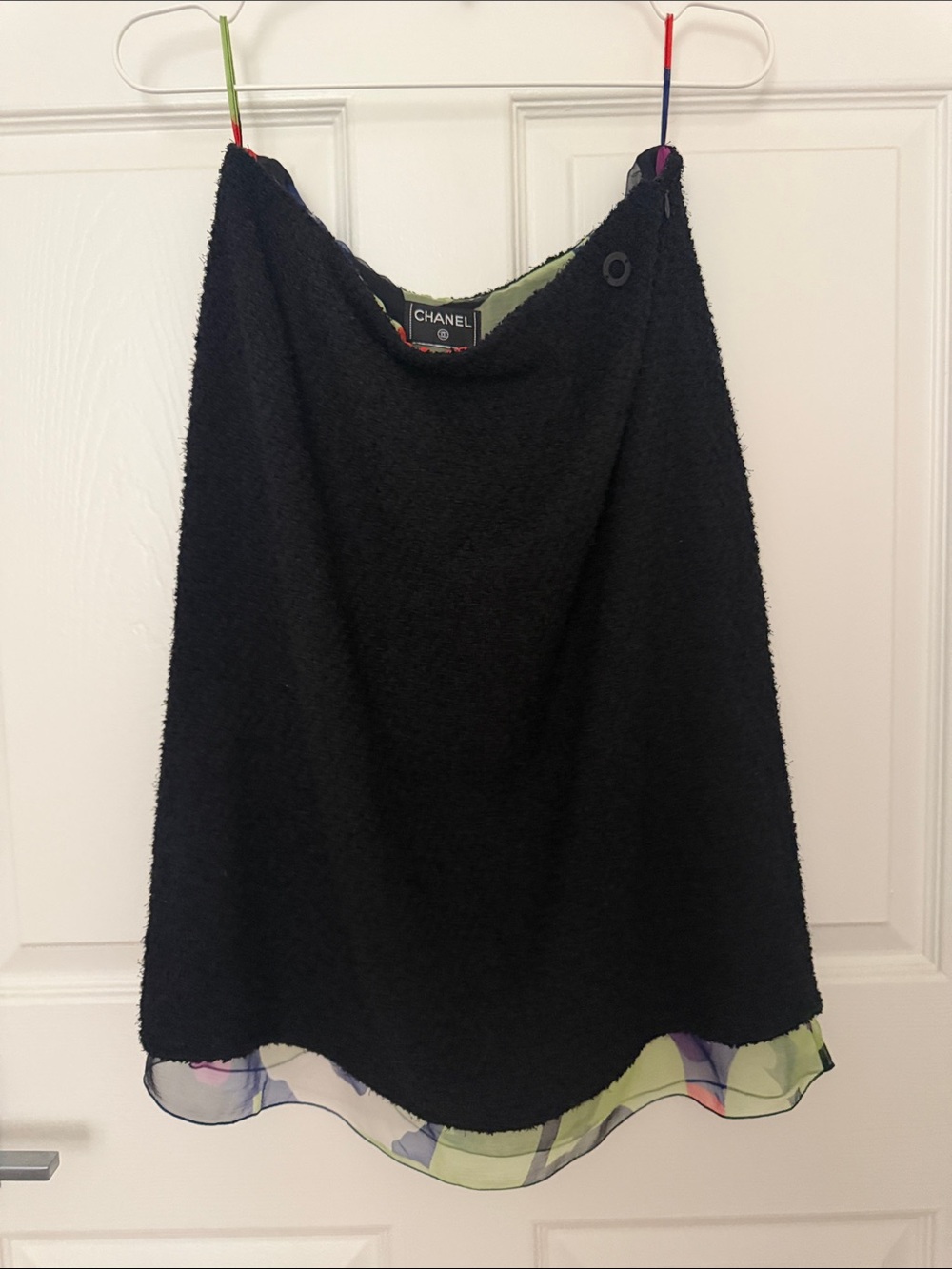 Vintage CHANEL Black Bouclé Skirt with Multicolor Floral Silk Hem
